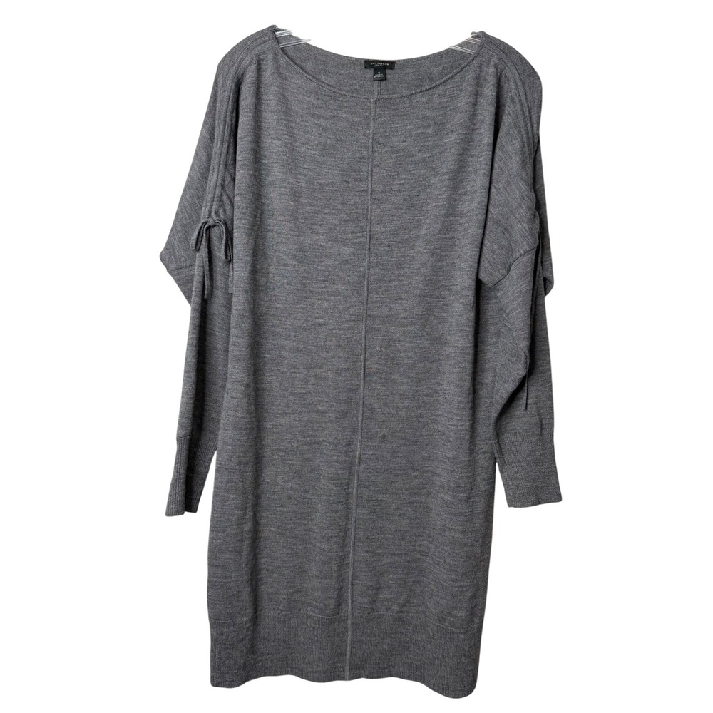 Ann Taylor Sweater Dress Womens S Gray Merino Wool Dolman Sleeve Bow Cozy Luxury